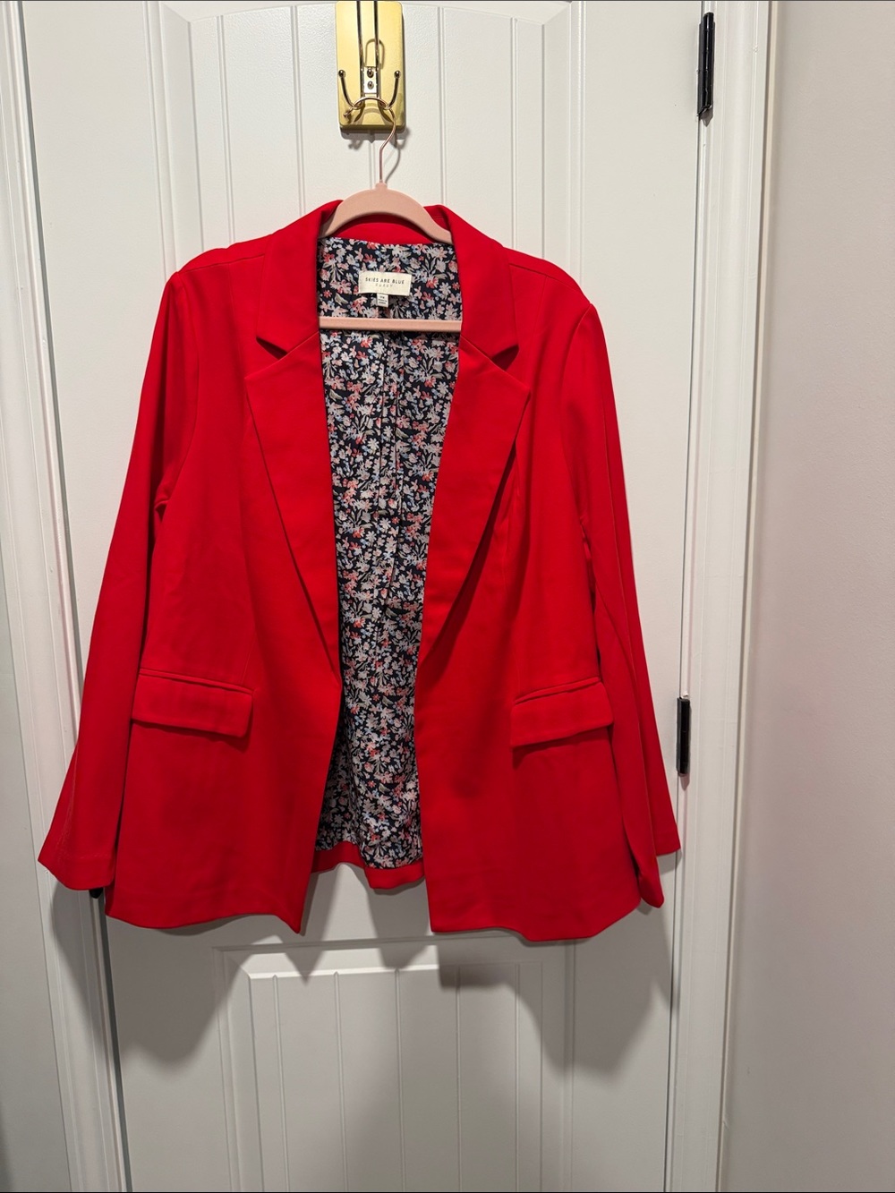 Skies are Blue Curvy Bright Red Open-Front Blazer with Floral Lining